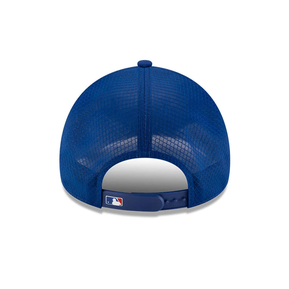 Chicago Cubs MLB Batting Practice 2026 Blue New Era 9FORTY Apex Adjustable Cap, rear view showing the white MLB Batterman logo centred on the blue adjustable strap, set against the blue mesh crown.