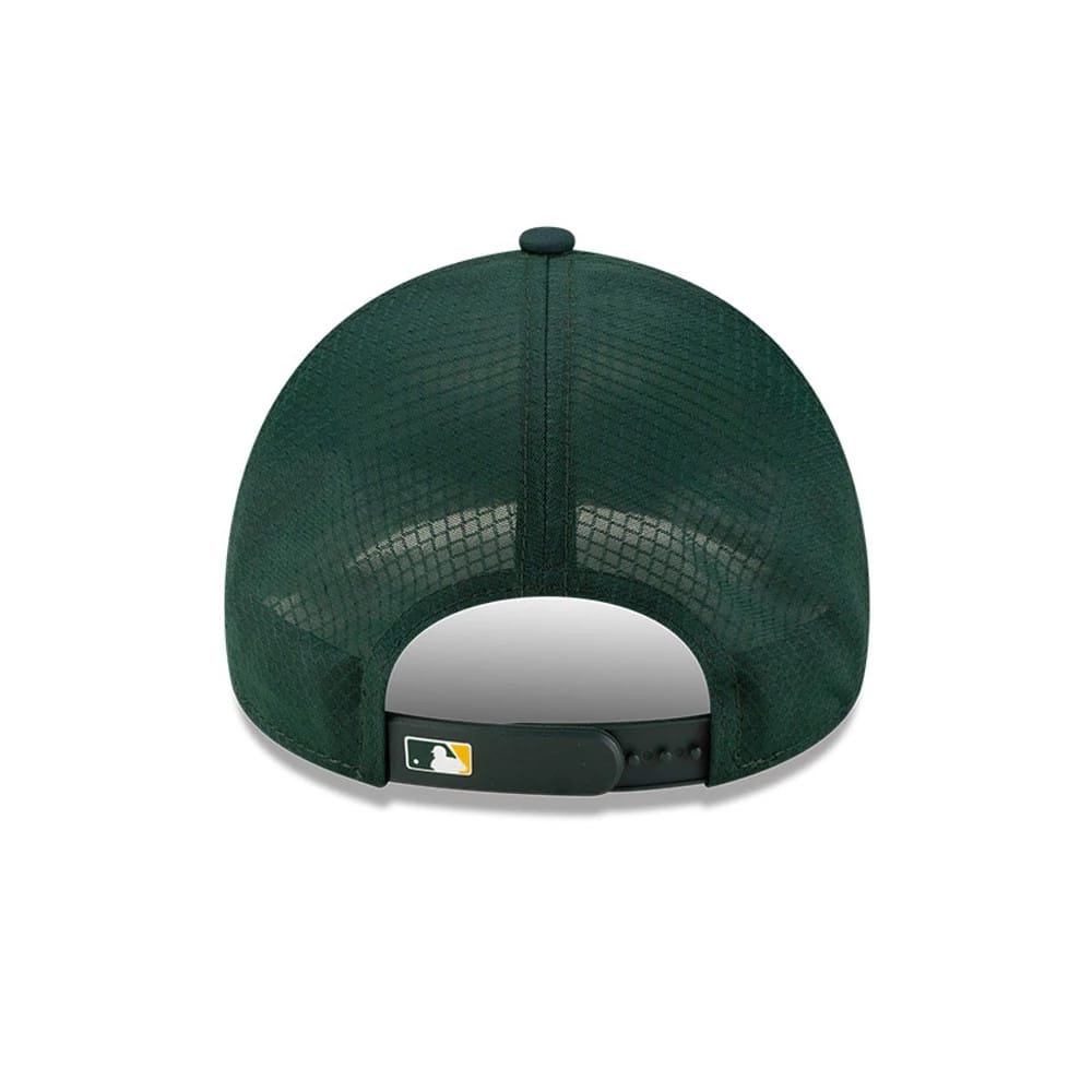 Athletics MLB Batting Practice 2026 Dark Green New Era 9FORTY Apex Adjustable Cap, rear view showing the white and yellow MLB Batterman logo at the centre of the mesh back panels above the adjustable strap.