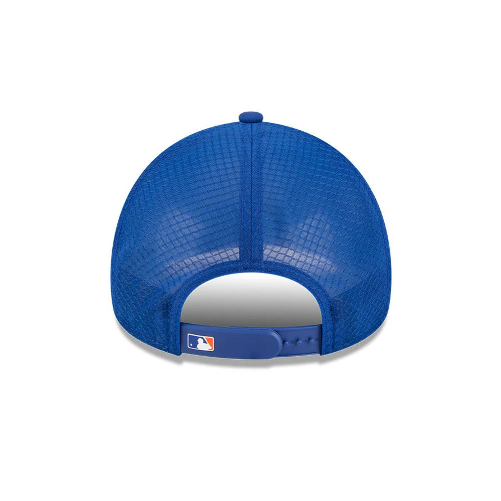 New York Mets MLB Batting Practice 2026 Blue New Era 9FORTY Apex Adjustable Cap, rear view showing the embroidered MLB Batterman logo on the blue strap closure at the centre of the mesh back panels.