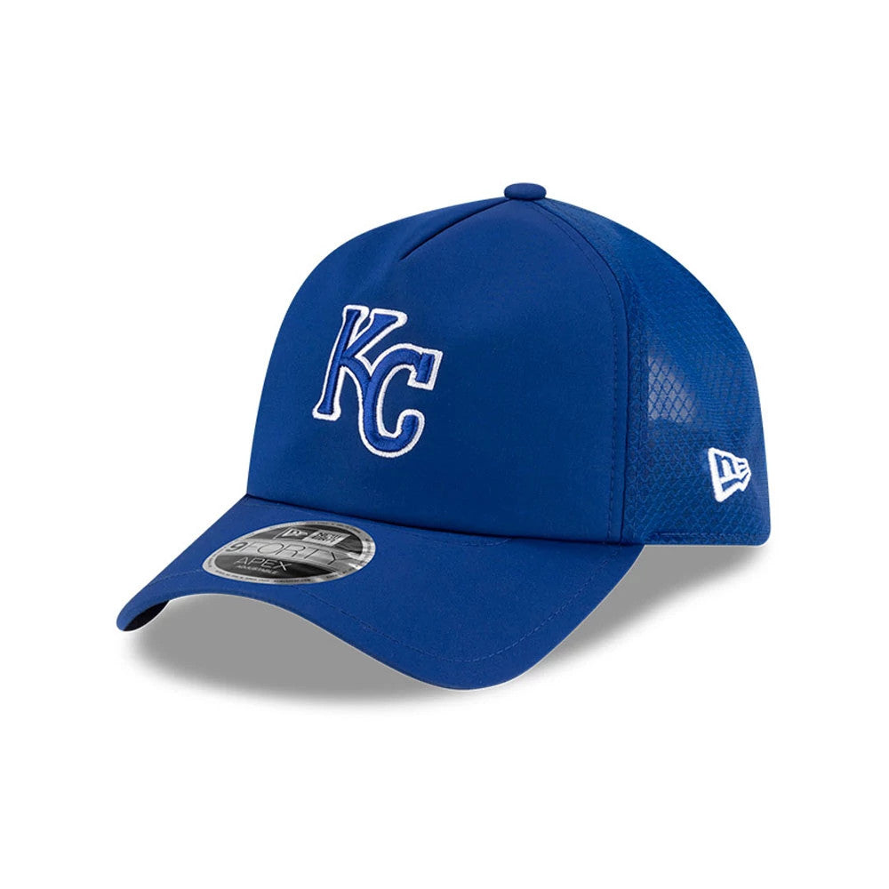 Kansas City Royals MLB Batting Practice 2026 Blue New Era 9FORTY Apex Adjustable Cap, three-quarter view showing the raised white KC logo embroidered on the front panel, rounded blue visor with 9FORTY size sticker.