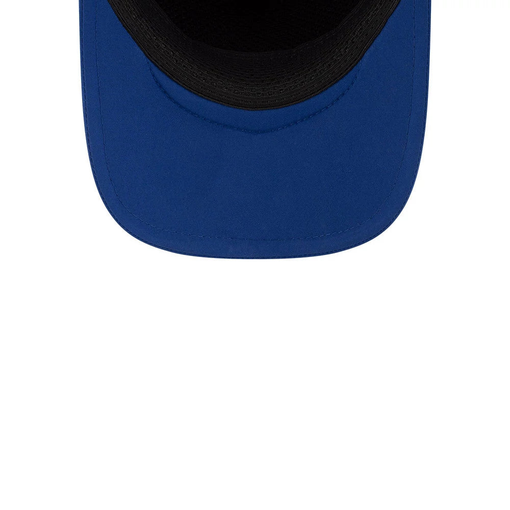 Kansas City Royals MLB Batting Practice 2026 Blue New Era 9FORTY Apex Adjustable Cap, inside view showing the black sweatband and blue undervisor, highlighting the cap's attention to interior detail and design.