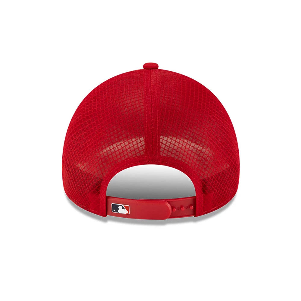 St. Louis Cardinals MLB Batting Practice 2026 Red New Era 9FORTY Apex Adjustable Cap, rear view showing the white and red MLB logo on the red adjustable strap, with a mesh design for ventilation on the structured red crown.