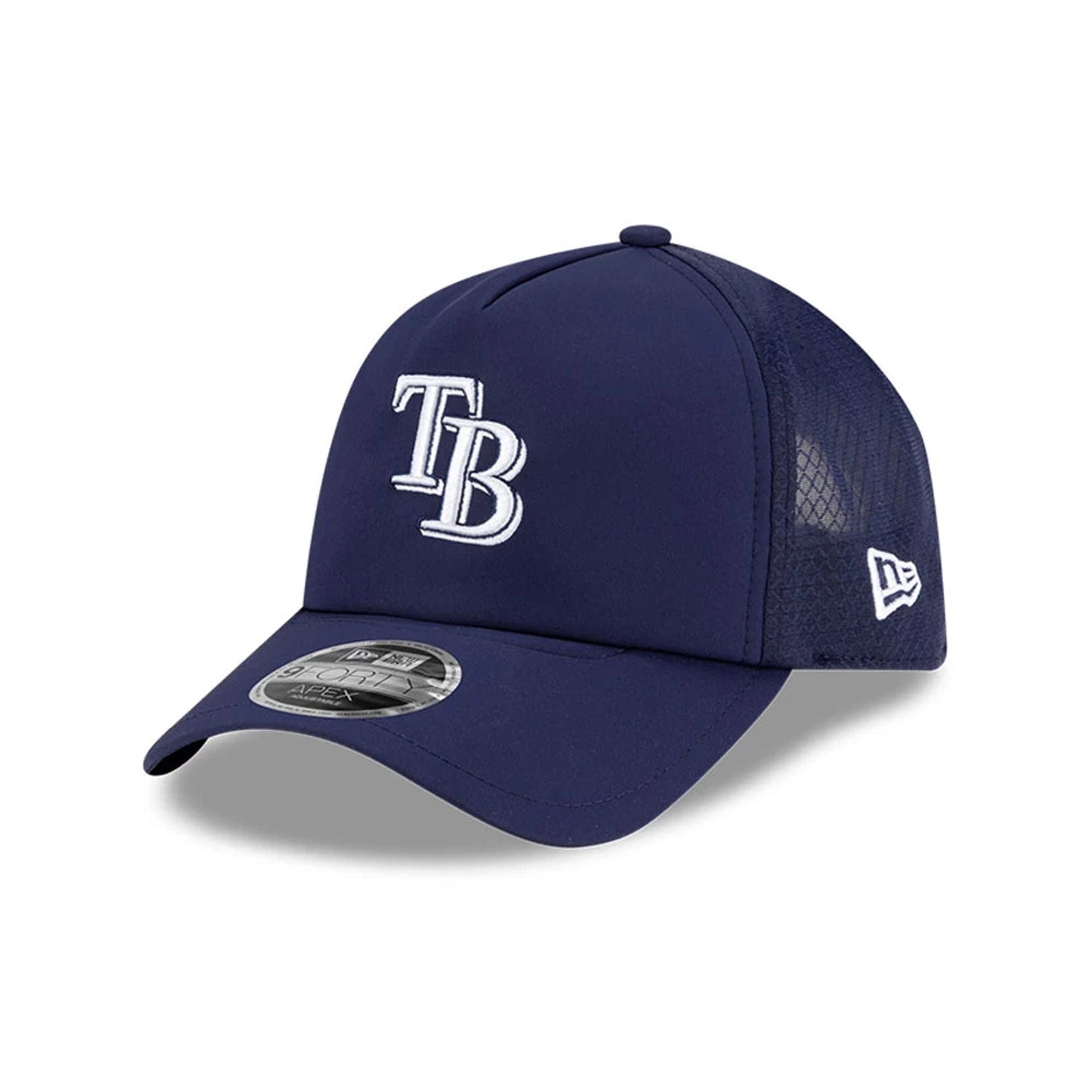 Pictured is this MLB Batting Practice 2026 Tampa Bay Rays 9FORTY Apex cap in navy. 1