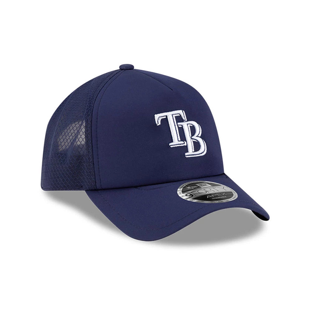 Tampa Bay Rays MLB Batting Practice 2026 Navy New Era 9FORTY Apex Adjustable Cap, front view showing the raised white TB logo on the front panel, dark navy mesh side panels, and 9FORTY size sticker on the navy curved visor.
