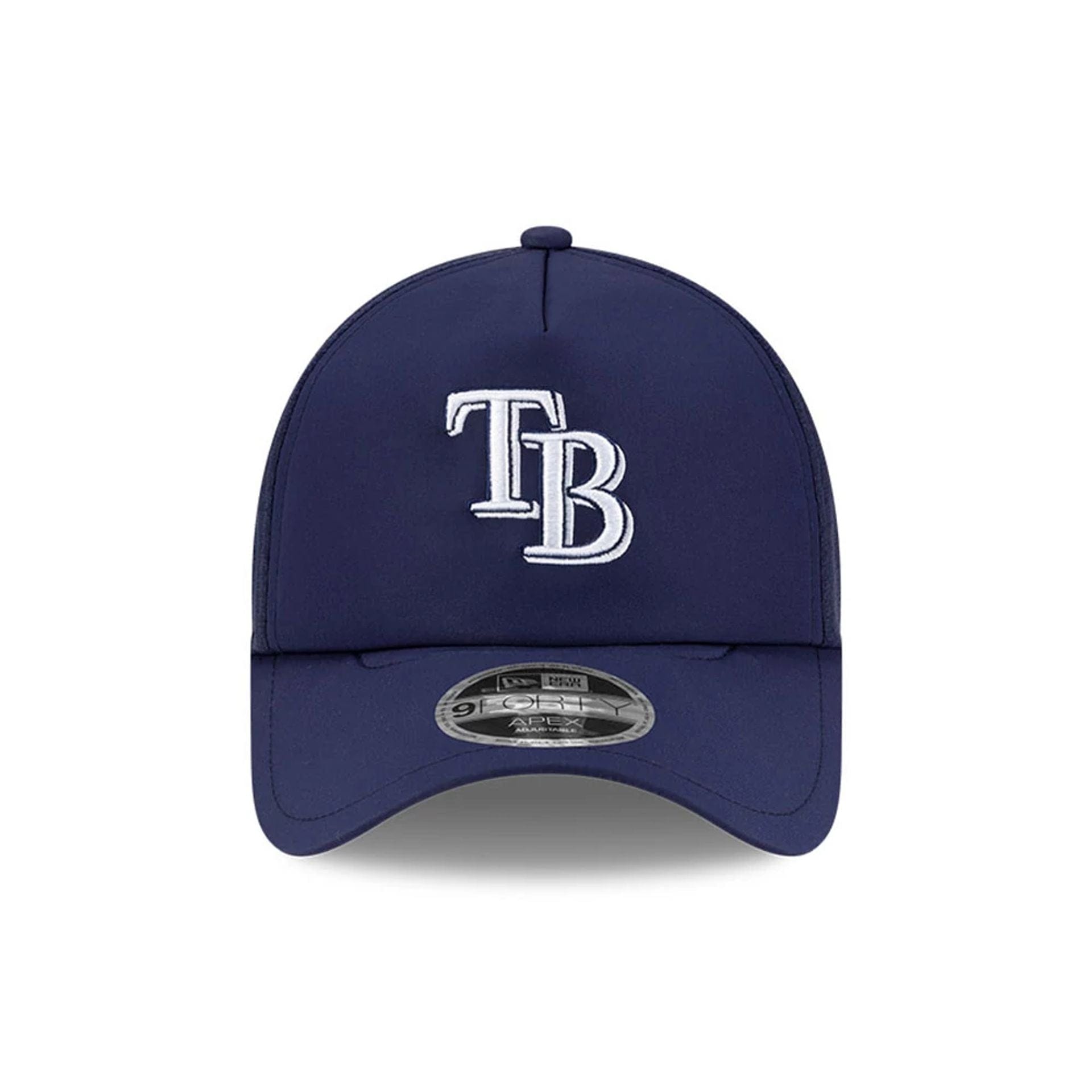 Pictured is this MLB Batting Practice 2026 Tampa Bay Rays 9FORTY Apex cap in navy. 2