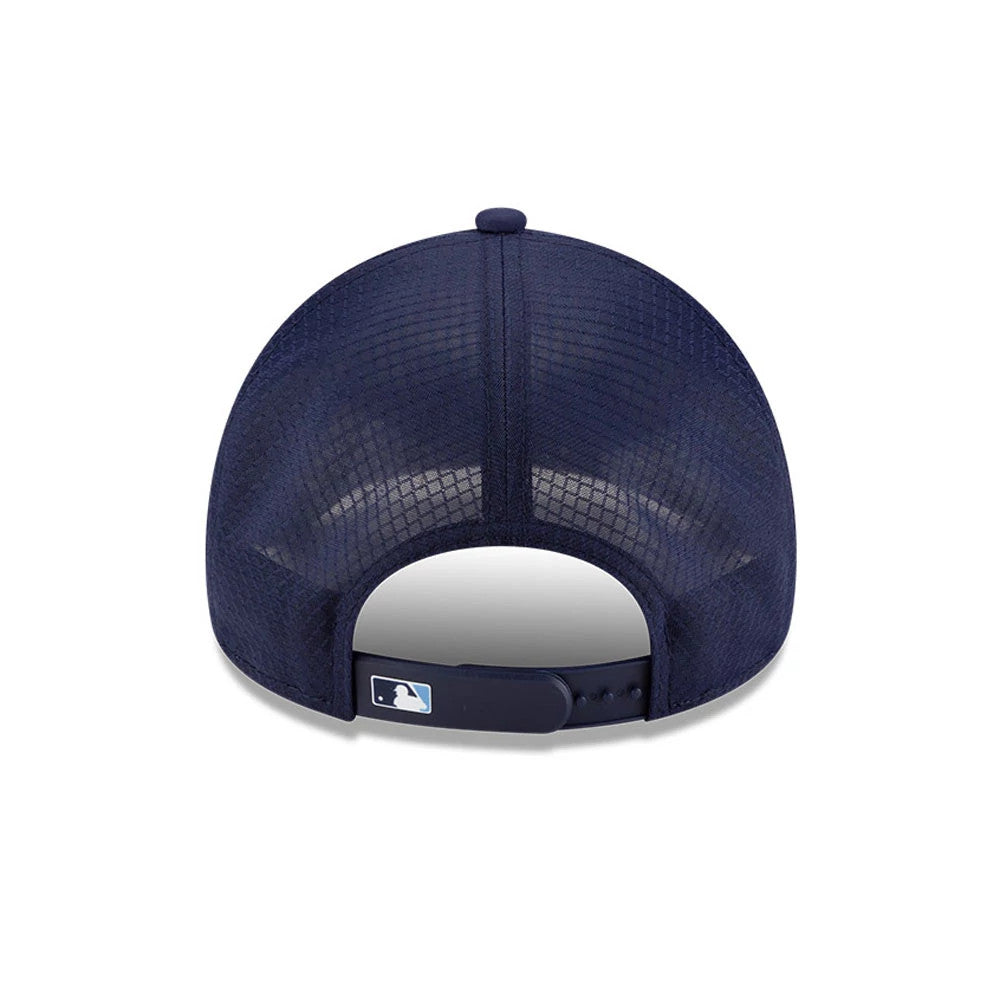 Tampa Bay Rays MLB Batting Practice 2026 Navy New Era 9FORTY Apex Adjustable Cap, rear view showing the embroidered MLB Batterman logo at the centre of the back panels above a navy adjustable strap.