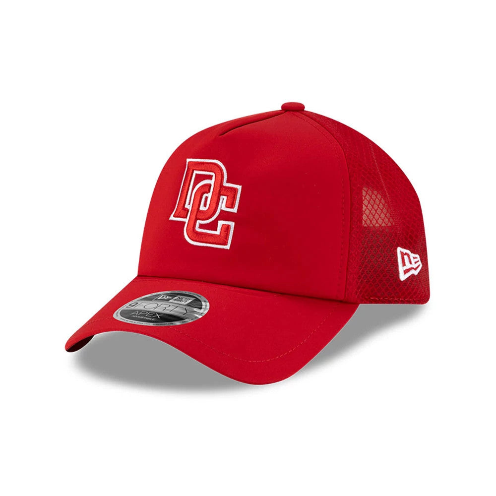 Washington Nationals MLB Batting Practice 2026 Red New Era 9FORTY Apex Adjustable Cap, three-quarter view showing raised white embroidered DC logo on the front panel, curved red visor with 9FORTY size sticker.