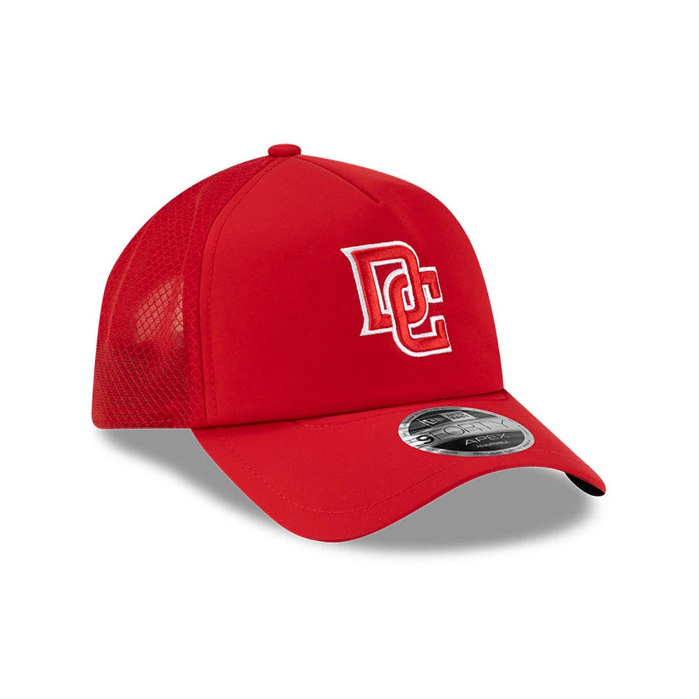 Washington Nationals MLB Batting Practice 2026 Red New Era 9FORTY Apex Adjustable Cap, three-quarter view showing the white embroidered DC logo on the front panel with a matching red mesh back and the 9FORTY size sticker on the curved visor.