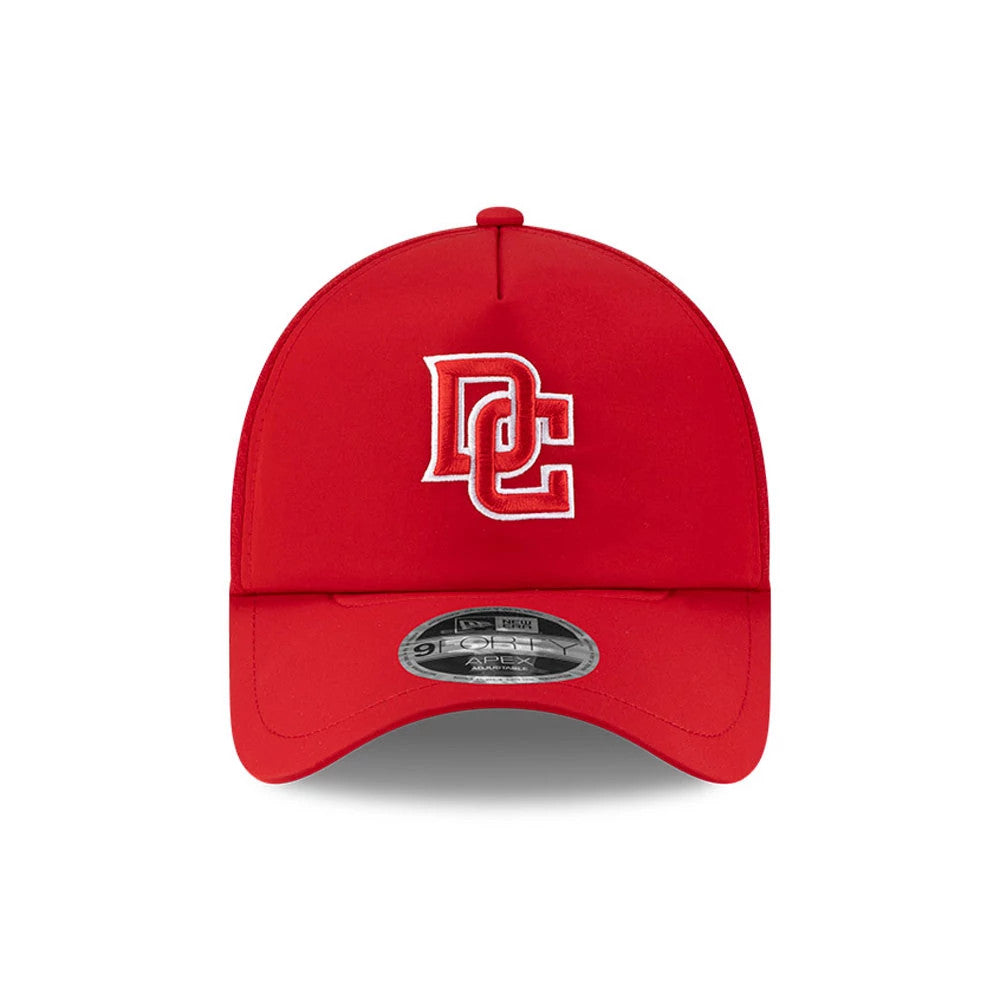 Washington Nationals MLB Batting Practice 2026 Red New Era 9FORTY Apex Adjustable Cap, front view showing the raised white DC logo on the red crown, with a curved red visor and a 9FORTY size sticker on the visor.