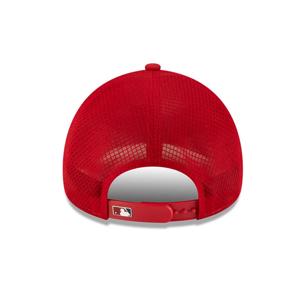 Washington Nationals MLB Batting Practice 2026 Red New Era 9FORTY Apex Adjustable Cap, rear view showing the MLB Batterman logo on the red adjustable snap strap, with a mesh red crown and matching red top button.