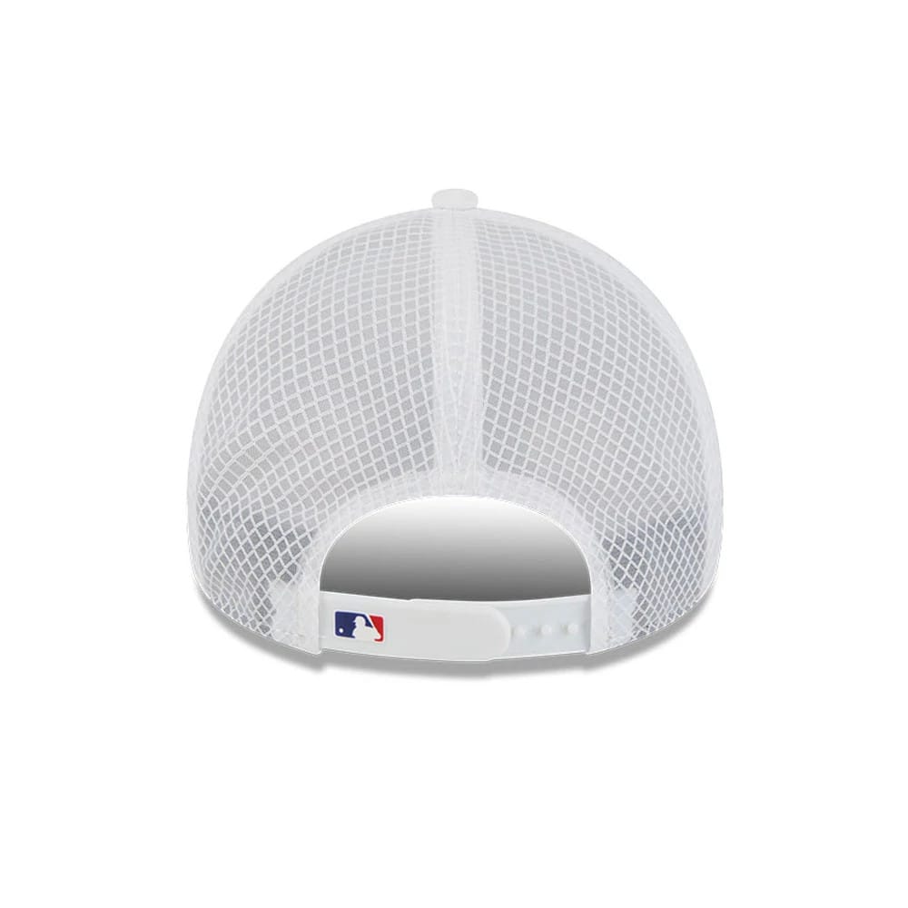 LA Dodgers MLB Batting Practice 2026 White New Era 9FORTY Apex Adjustable Cap, rear view featuring a white mesh crown and the MLB Batterman logo centred on the white adjustable strap closure.