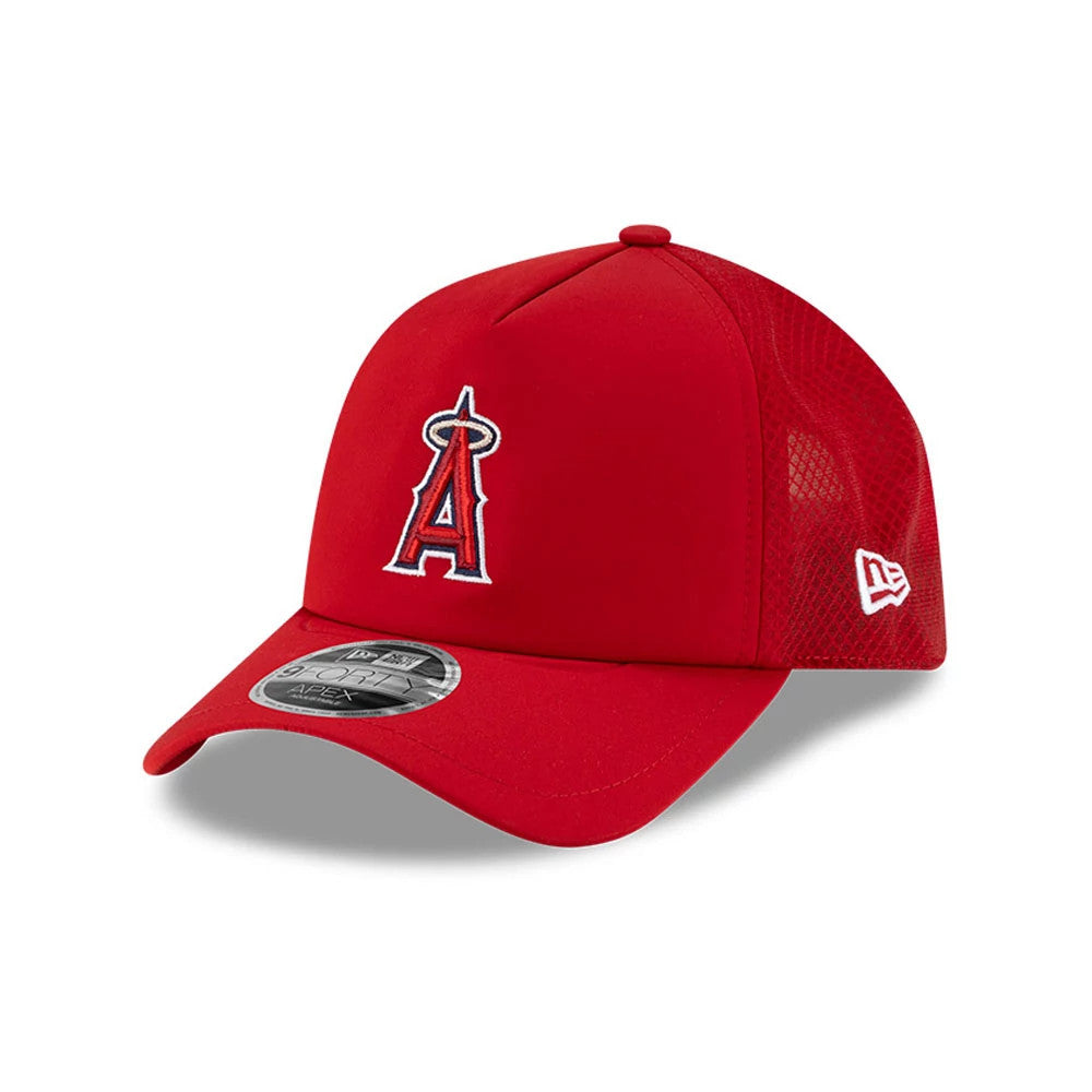 LA Angels MLB Batting Practice 2026 Red New Era 9FORTY Apex Adjustable Cap, front view showing the red and white embroidered A logo on the front panel, a 9FORTY size sticker on the curved visor, and the mesh design side with a New Era flag logo.