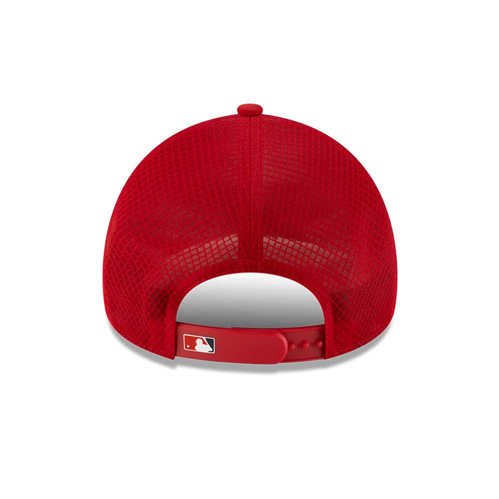 LA Angels MLB Batting Practice 2026 Red New Era 9FORTY Apex Adjustable Cap, rear view showing the red mesh back panels and the MLB Batterman logo on the red adjustable strap above the back opening.