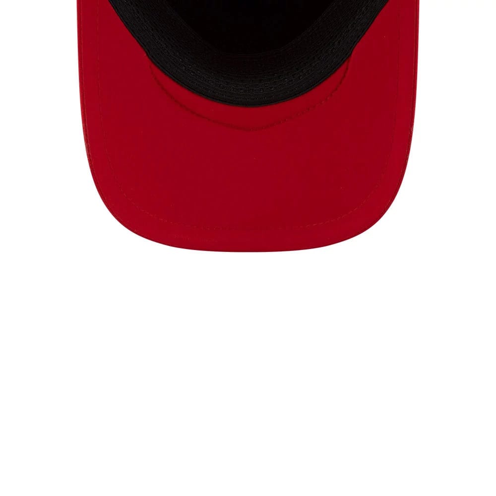 LA Angels MLB Batting Practice 2026 Red New Era 9FORTY Apex Adjustable Cap, inside view showing a black sweatband and matching taping against the red undervisor.