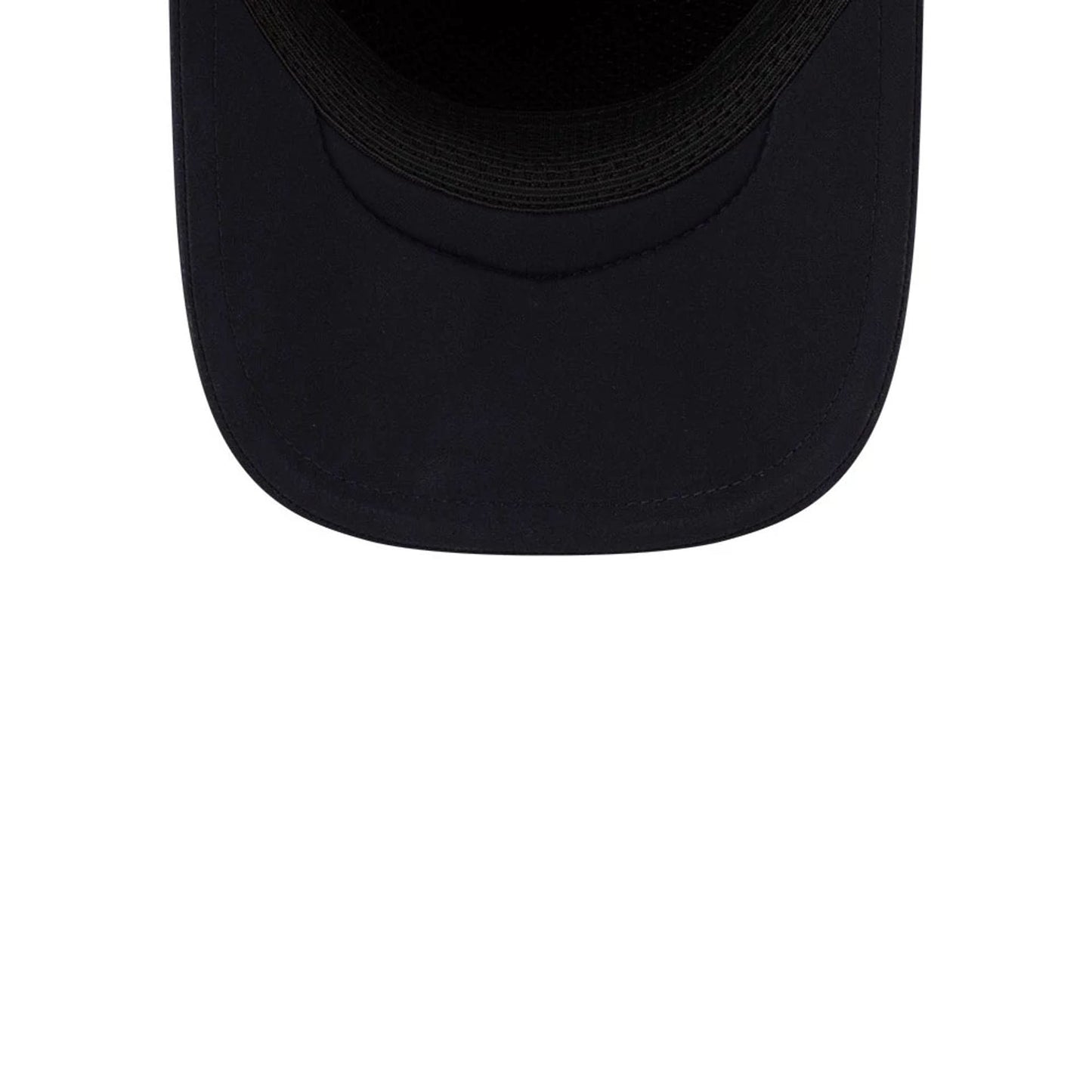 New York Yankees MLB Batting Practice 2026 Navy New Era 9FORTY Apex Adjustable Cap, inside view showing the black sweatband lining and dark undervisor, with neat stitching along the visor edge for a refined finish.