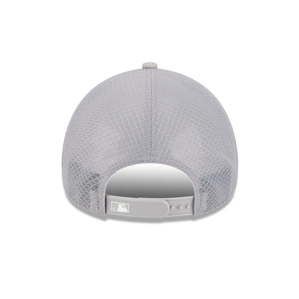 LA Dodgers MLB Batting Practice 2026 Grey New Era 9FORTY Apex Adjustable Cap, rear view showing the diamond-patterned mesh back panels and a white MLB Batterman logo on the grey adjustable strap, under a matching top button.