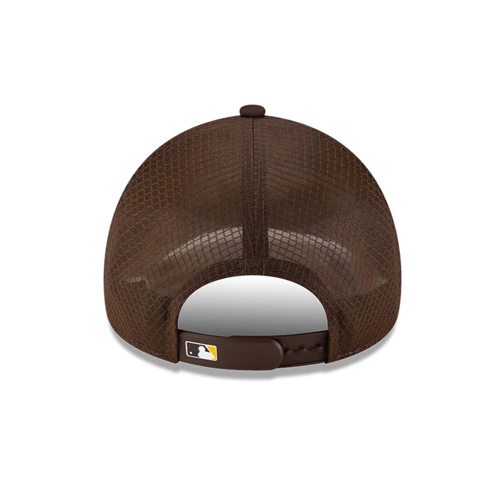 San Diego Padres MLB Batting Practice 2026 Dark Brown New Era 9FORTY Apex Adjustable Cap, rear view showing the embroidered MLB Batterman logo at the centre of the back panels on a textured dark brown crown with an adjustable strap.