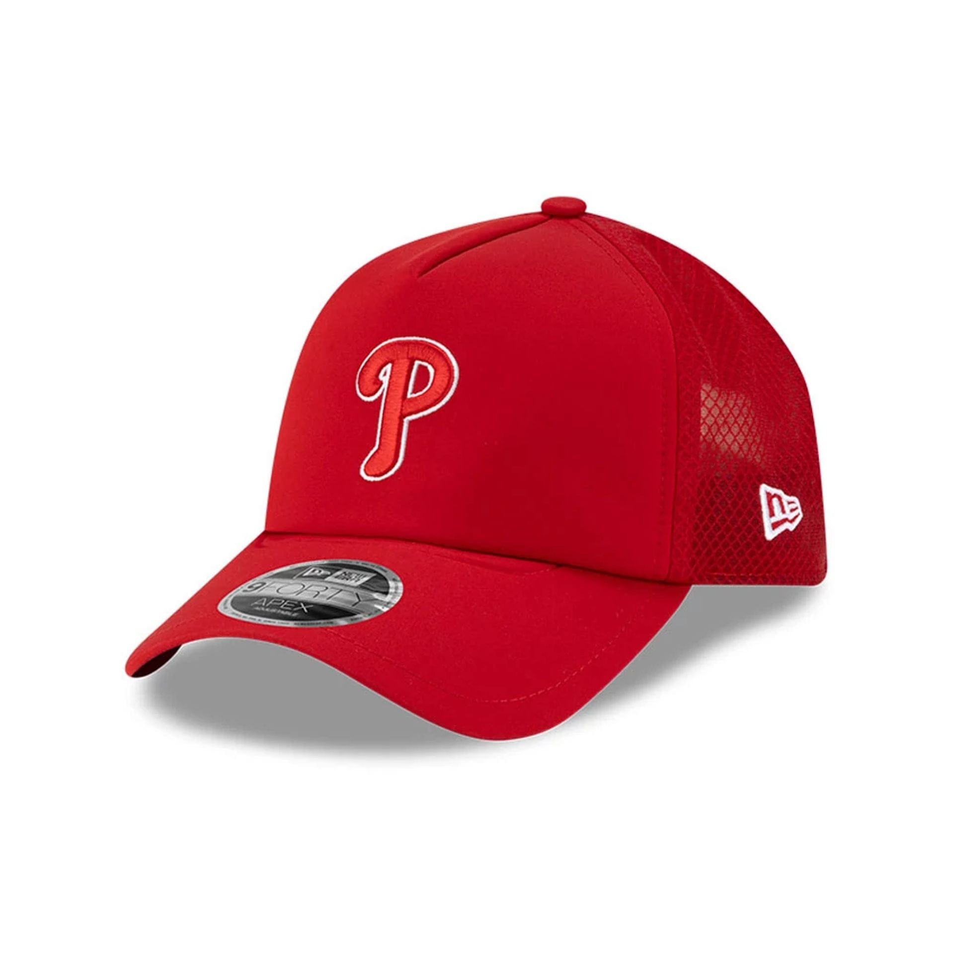 Pictured is this MLB Batting Practice 2026 Philadelphia Phillies 9FORTY Apex cap in red. 1
