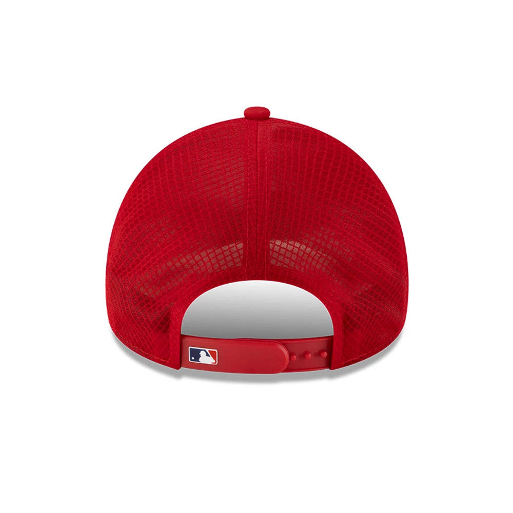 Philadelphia Phillies MLB Batting Practice 2026 Red New Era 9FORTY Apex Adjustable Cap, rear view showing the embroidered MLB Batterman logo in white and navy on the red adjustable strap and mesh panelled back.