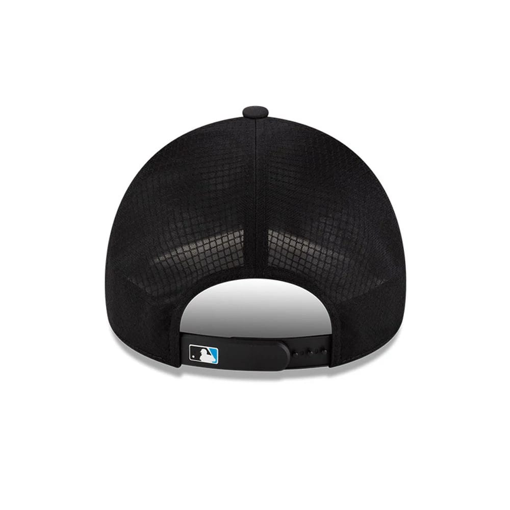 Miami Marlins MLB Batting Practice 2026 Black New Era 9FORTY Apex Adjustable Cap, rear view showing the MLB Batterman logo on the adjustable strap, set above the curved visor with the black mesh crown.