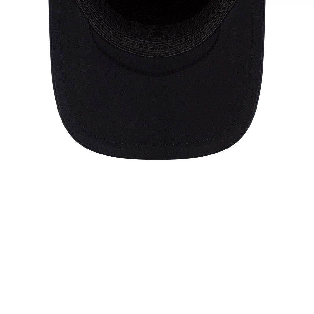 Minnesota Twins MLB Batting Practice 2026 Navy New Era 9FORTY Apex Adjustable Cap, inside view showing the black sweatband lining and matching navy undervisor with detailed stitching.