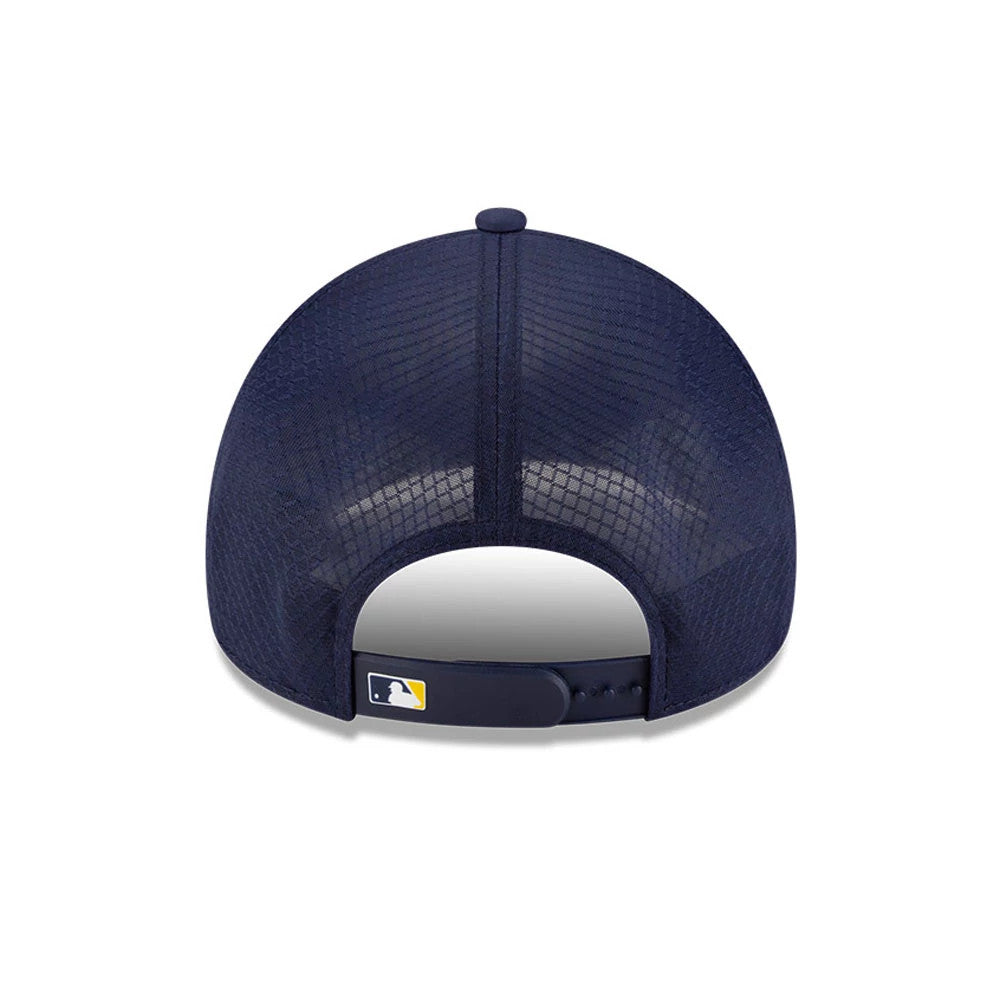 Milwaukee Brewers MLB Batting Practice 2026 Navy New Era 9FORTY Apex Adjustable Cap, rear view showing the MLB Batterman logo on the navy adjustable strap, with a mesh navy back panel and a centred top button.