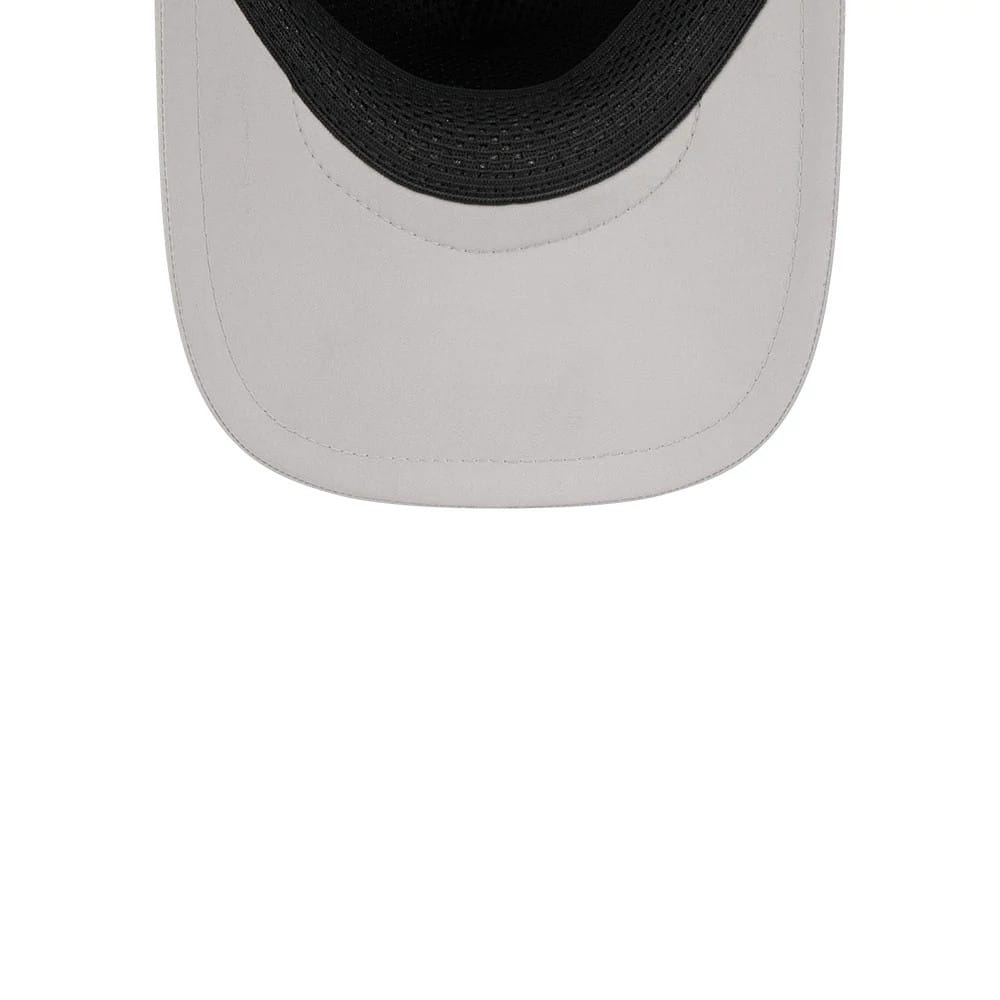 Detroit Tigers MLB Batting Practice 2026 Grey New Era 9FORTY Apex Adjustable Cap, inside view showing the black sweatband against the grey undervisor with stitching around the curved edges.