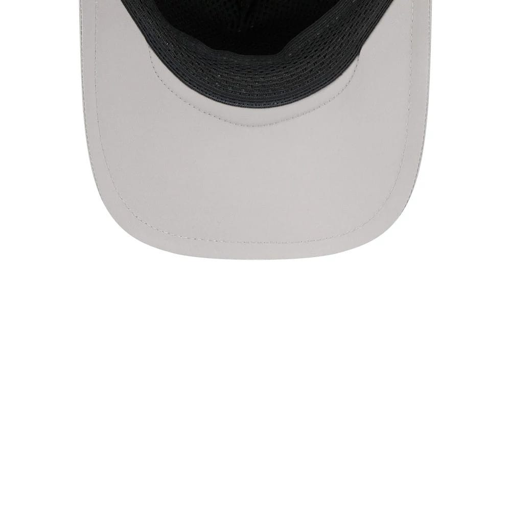 New York Yankees MLB Batting Practice 2026 Grey New Era 9FORTY Apex Adjustable Cap, inside view showing the black mesh sweatband and grey undervisor, with reinforced stitching along the visor edge.