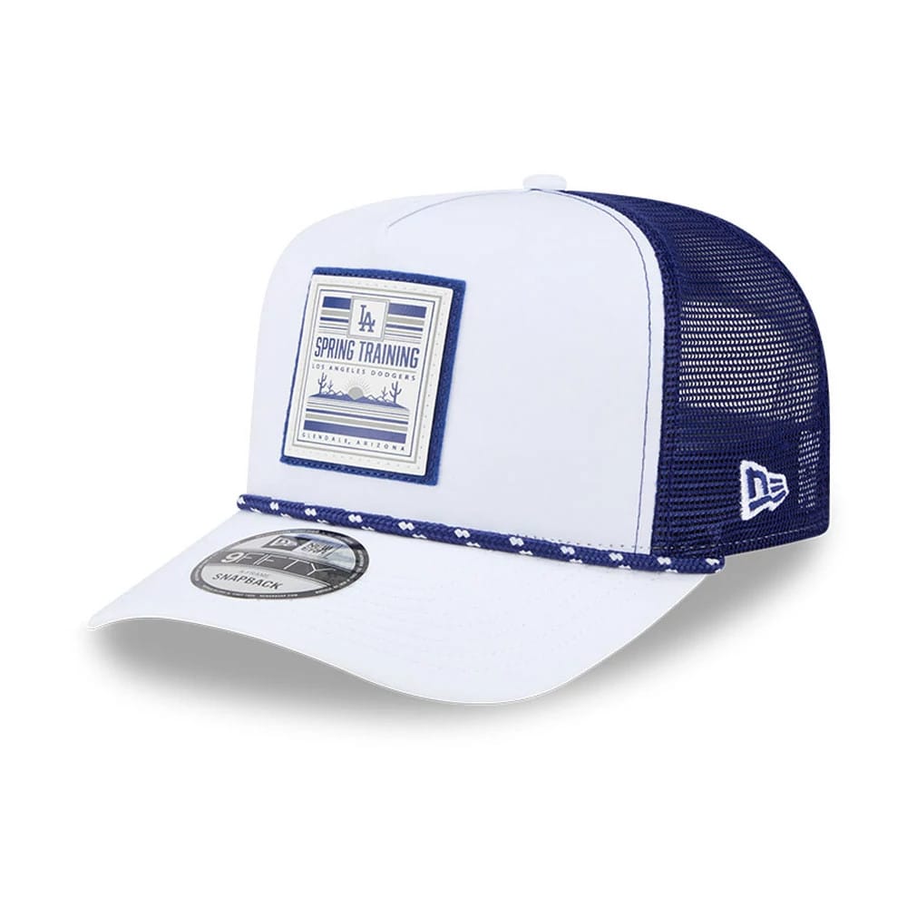LA Dodgers MLB Lines White New Era 9FIFTY A-Frame Snapback Adjustable Cap, three-quarter view with a blue mesh rear, white front panel featuring a Spring Training patch, blue braided rope detail on the visor, and a 9FIFTY size sticker.