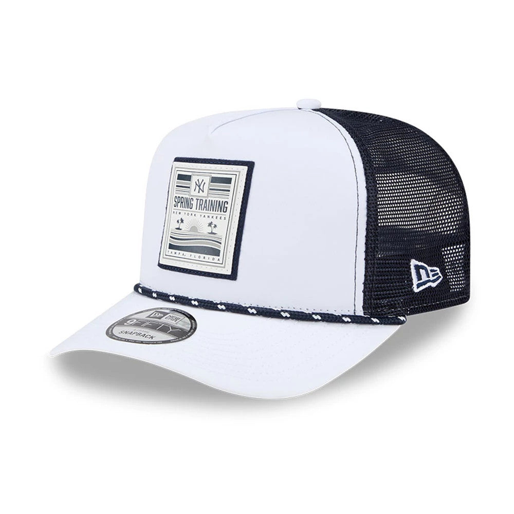 New York Yankees MLB Lines White New Era 9FIFTY A-Frame Snapback Adjustable Cap, three-quarter view showing the front woven Spring Training badge, black mesh rear panels, black and white decorative cord, and silver 9FIFTY size sticker on the visor.