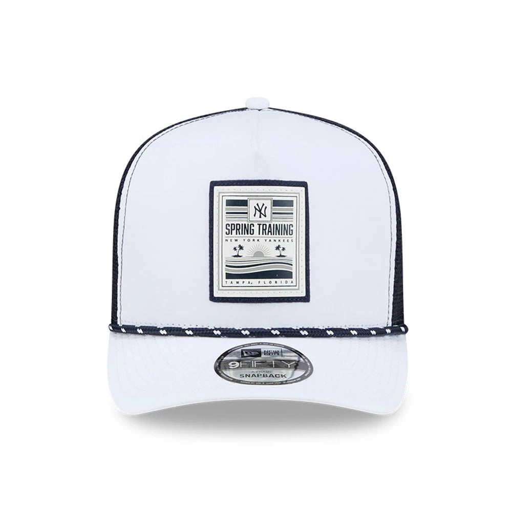 New York Yankees MLB Lines White New Era 9FIFTY A-Frame Snapback Adjustable Cap, front view showing a rectangular embroidered Spring Training patch with palm trees on the white crown, featuring a curved visor and a 9FIFTY size sticker.