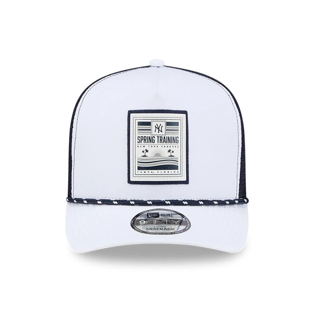 New York Yankees MLB Lines White New Era 9FIFTY A-Frame Snapback Adjustable Cap, front view showing a rectangular embroidered Spring Training patch with palm trees on the white crown, featuring a curved visor and a 9FIFTY size sticker.