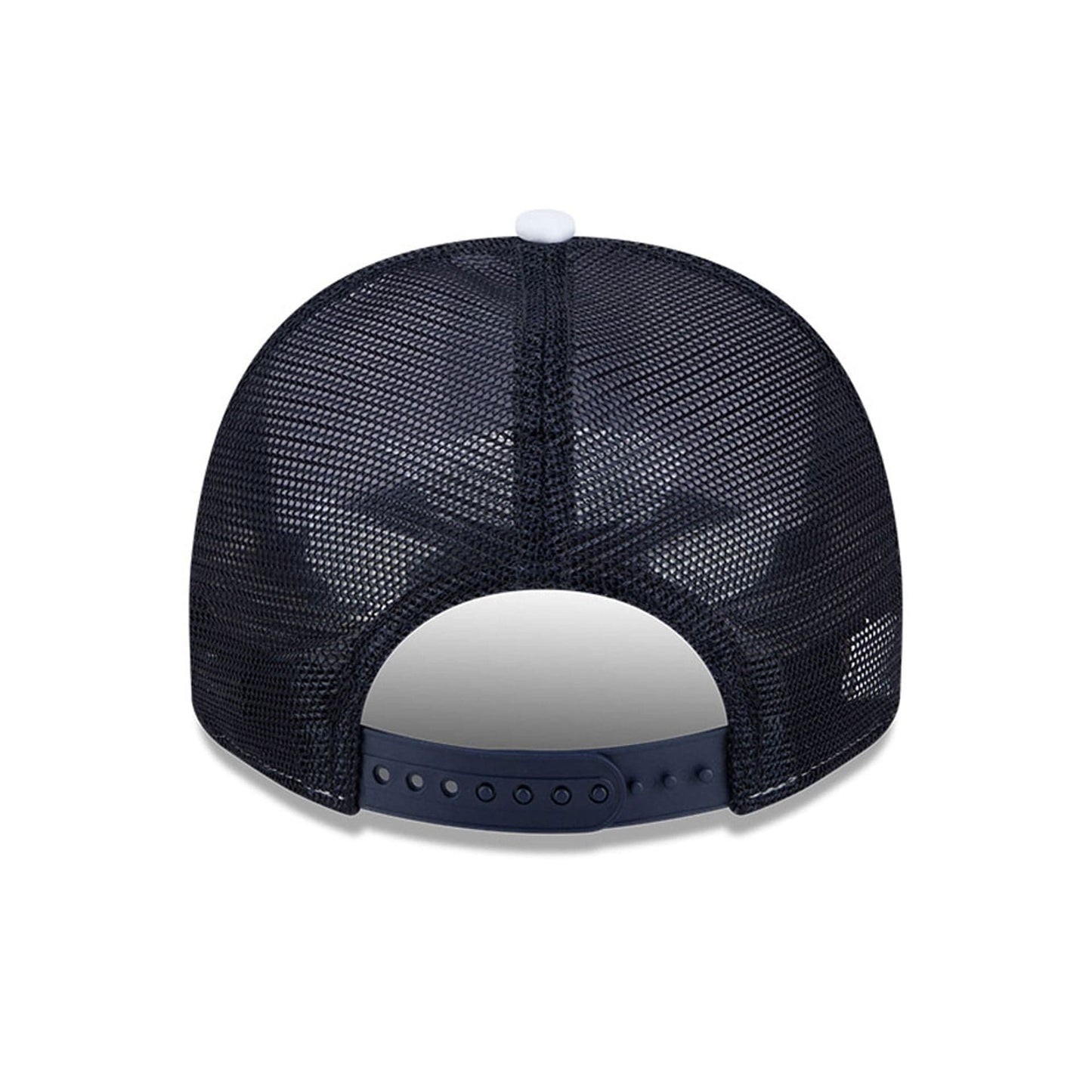 New York Yankees MLB Lines White New Era 9FIFTY A-Frame Snapback Adjustable Cap, rear view showing a white mesh back with a navy adjustable snap closure and a New Era flag logo on the left side.