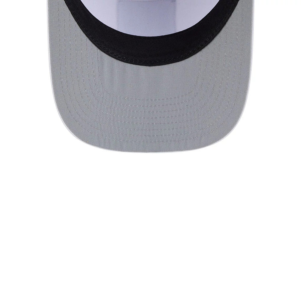 New York Yankees MLB Lines White New Era 9FIFTY A-Frame Snapback Adjustable Cap, inside view showing the white undervisor, black sweatband and white taping without any stickers, highlighting the craftsmanship of the structured visor.