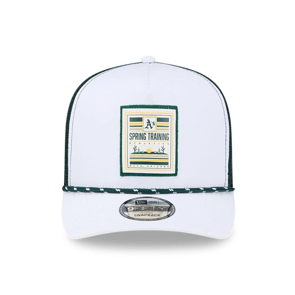 Athletics MLB Lines Dark Green New Era 9FIFTY A-Frame Snapback Adjustable Cap, front view showing a green-outlined Spring Training patch on the white front panel, dark green visor with white rope detail and 9FIFTY size sticker.