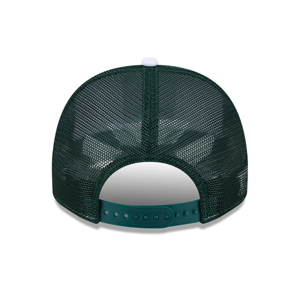 Athletics MLB Lines Dark Green New Era 9FIFTY A-Frame Snapback Adjustable Cap, rear view featuring a mesh crown with a white top button and a green adjustable snapback strap at the base for size adjustment.
