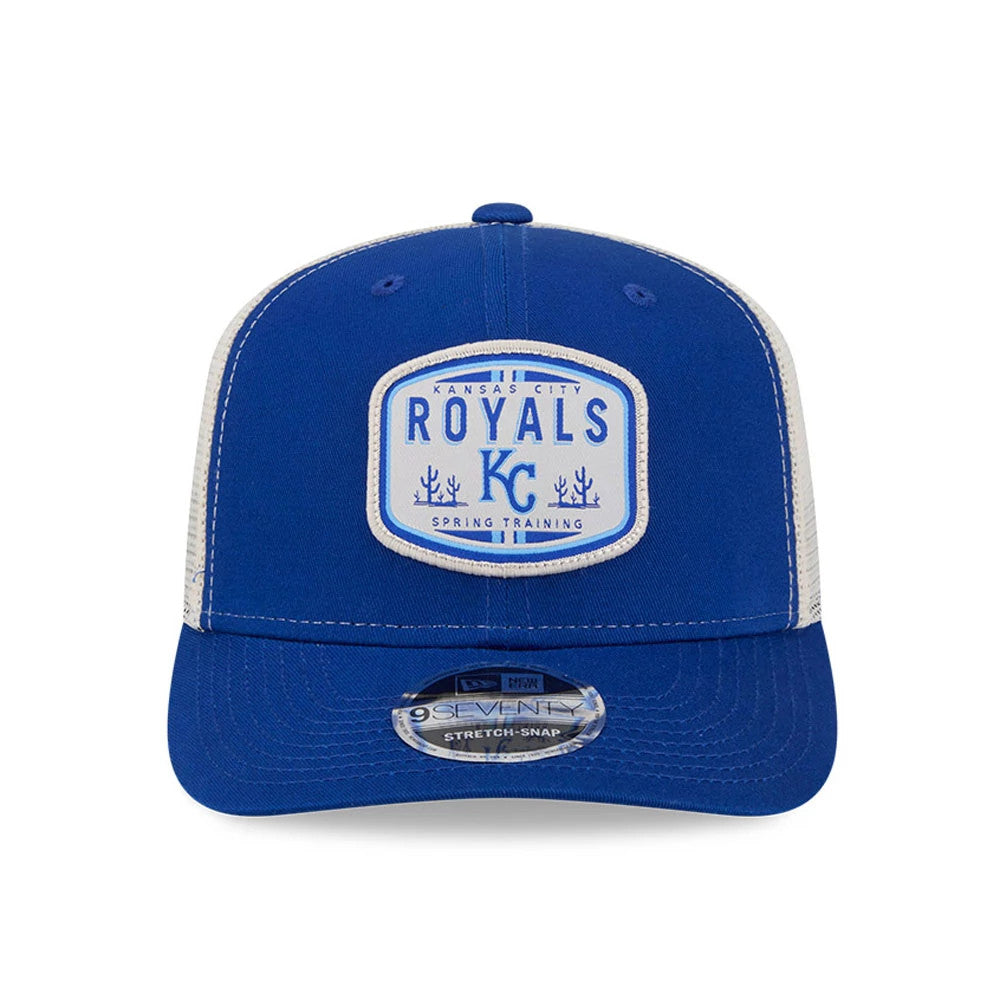 Kansas City Royals MLB Patch Blue New Era 9SEVENTY Stretch Snap Adjustable Cap, front view with raised embroidered patch displaying Royals in white on blue crown, plus clear 9SEVENTY size sticker on matching blue visor.