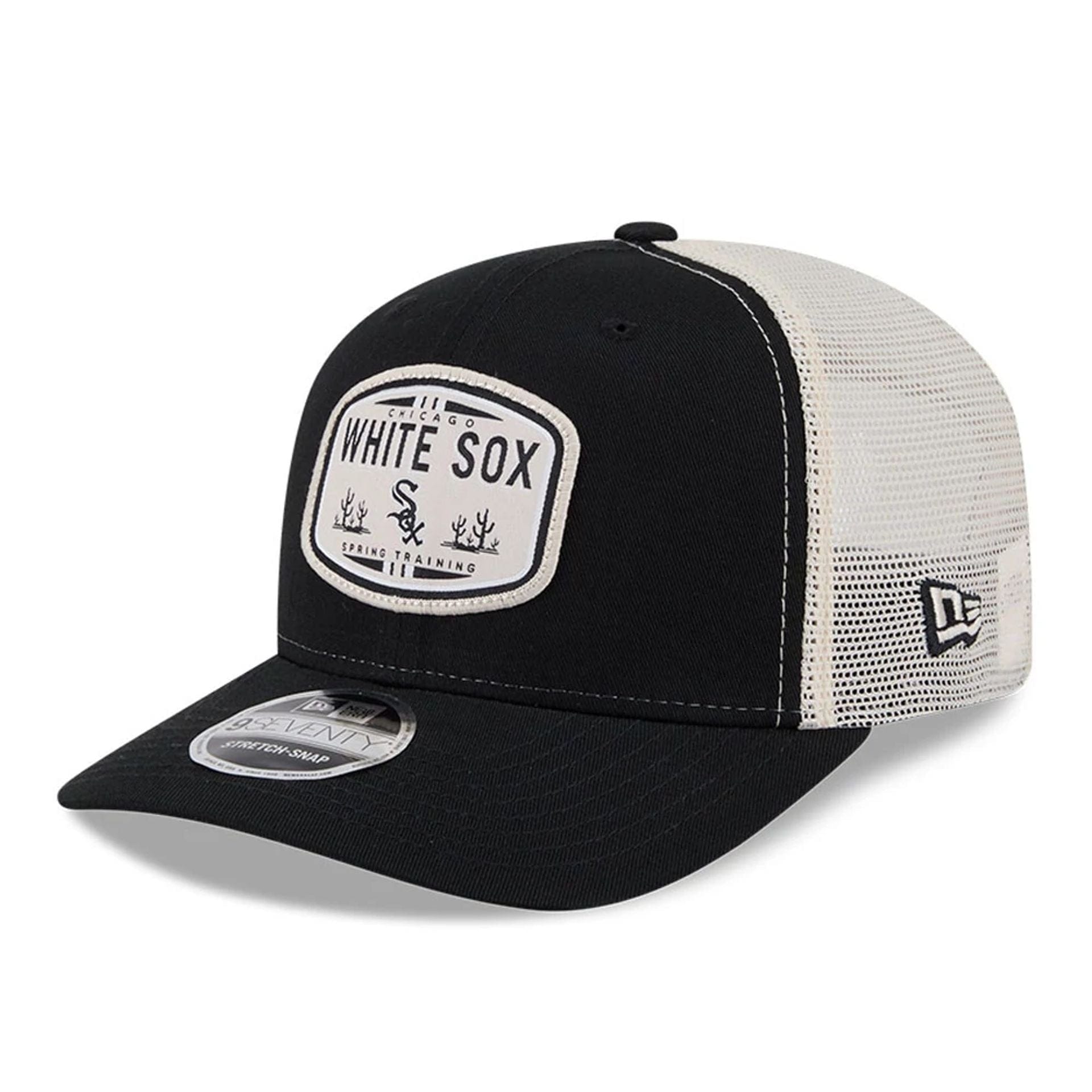 Pictured is this MLB Patch Chicago White Sox 9SEVENTY Stretch Snap cap in black. 1