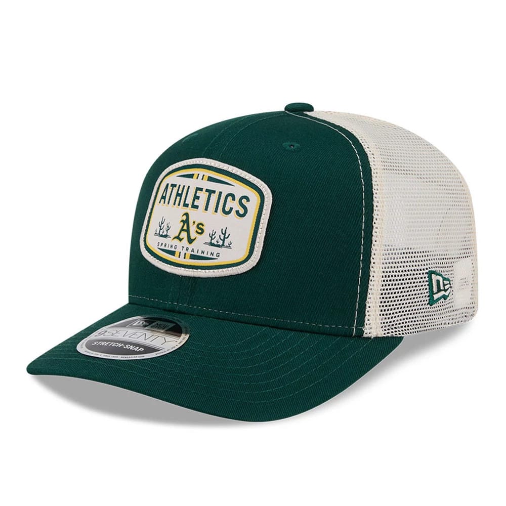 Athletics MLB Patch Dark Green New Era 9SEVENTY Stretch Snap Adjustable Cap, front view showing a large embroidered Athletics A's patch on the front panel, with a dark green visor and white mesh back panels, featuring a 9SEVENTY size sticker.