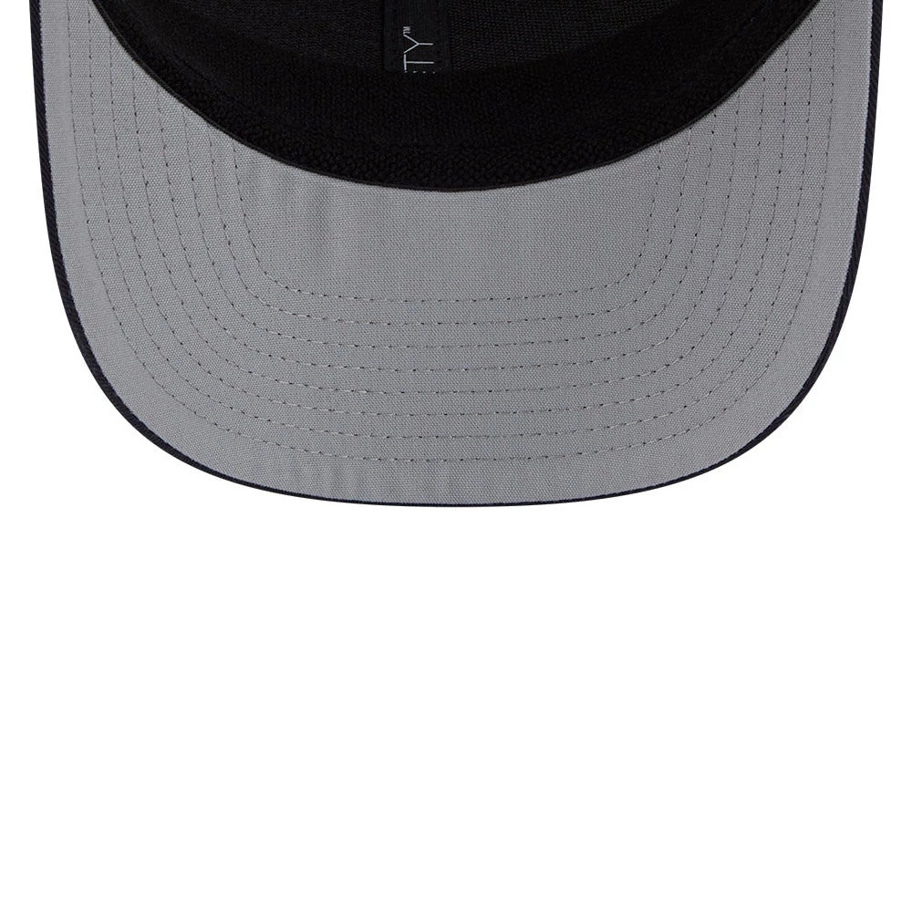 New York Yankees MLB Patch Navy New Era 9SEVENTY Stretch Snap Adjustable Cap, inside view showing the grey undervisor with detailed stitching and the black internal sweatband beneath the curved visor.