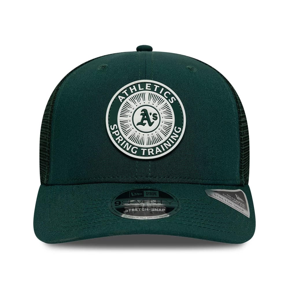 Athletics MLB Circles Dark Green New Era 9SEVENTY Stretch Snap Adjustable Cap, front view showing an embroidered Athletics Spring Training circle logo on the front panel, with a matching dark green curved visor and a 9SEVENTY size sticker.
