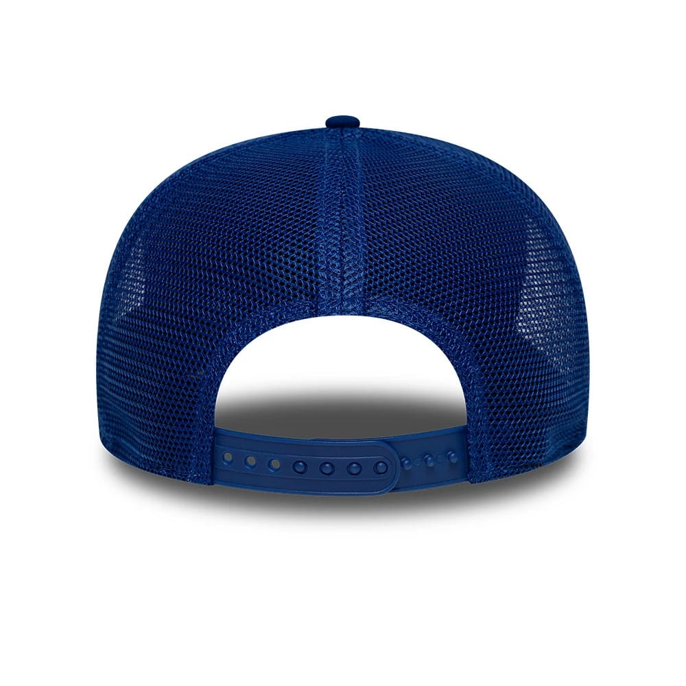 Toronto Blue Jays MLB Circles Blue New Era 9SEVENTY Stretch Snap Adjustable Cap, rear view showing the blue mesh design with an adjustable snap closure at the back and a structured crown, lacking the MLB Batterman logo.