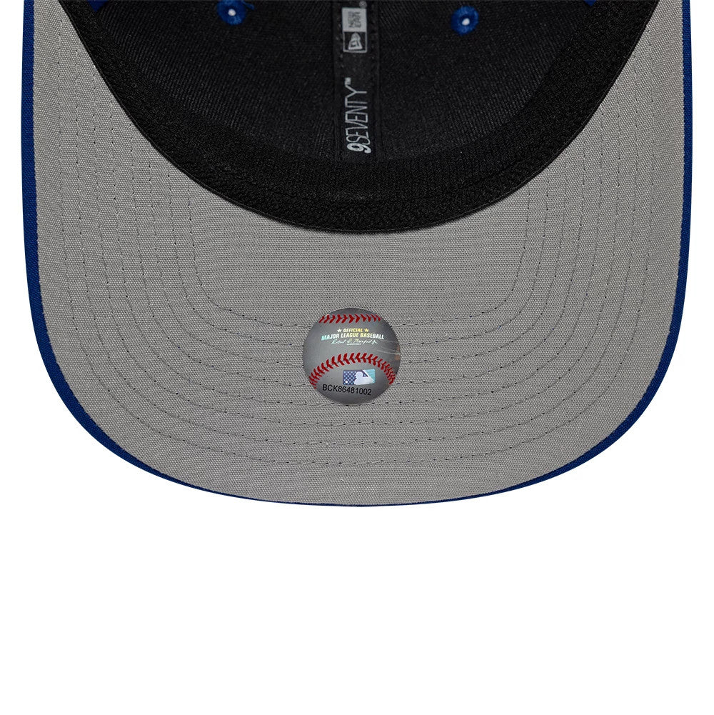 Toronto Blue Jays MLB Circles Blue New Era 9SEVENTY Stretch Snap Adjustable Cap, inside view showing grey undervisor, black sweatband with 9SEVENTY branding, and a baseball design sticker at the centre.