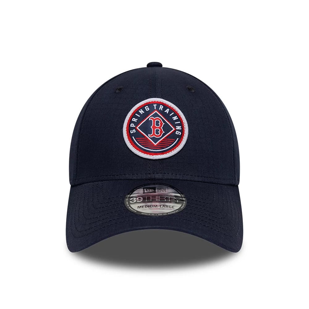 Boston Red Sox MLB Ripstop Navy New Era 39THIRTY Stretch Fit Cap, front view showing a raised embroidered Spring Training logo patch in red, white, and blue on the front panel, with a curved navy visor and a 39THIRTY size sticker.