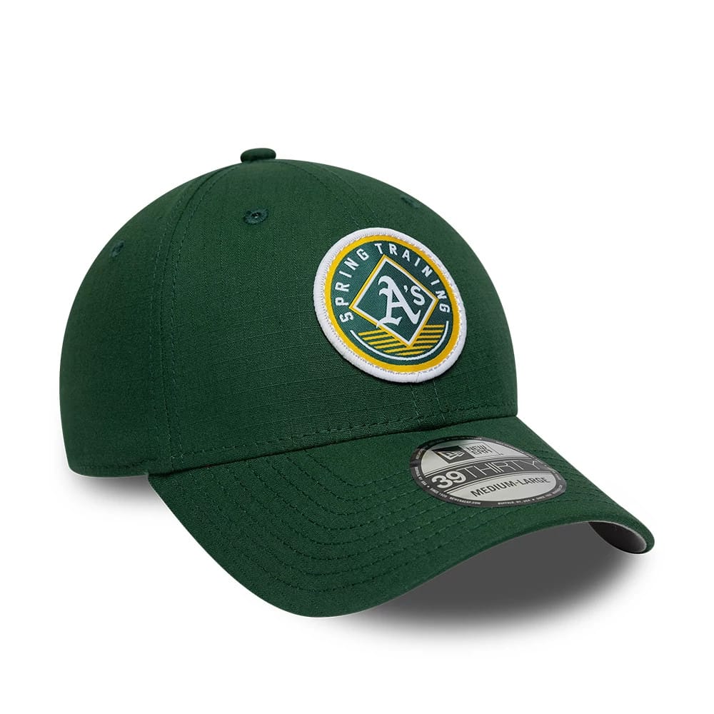 Athletics MLB Ripstop Dark Green New Era 39THIRTY Stretch Fit Cap, front view showing a raised circular Spring Training A's logo on the structured crown, with a matching dark green curved visor and a 39THIRTY size sticker.