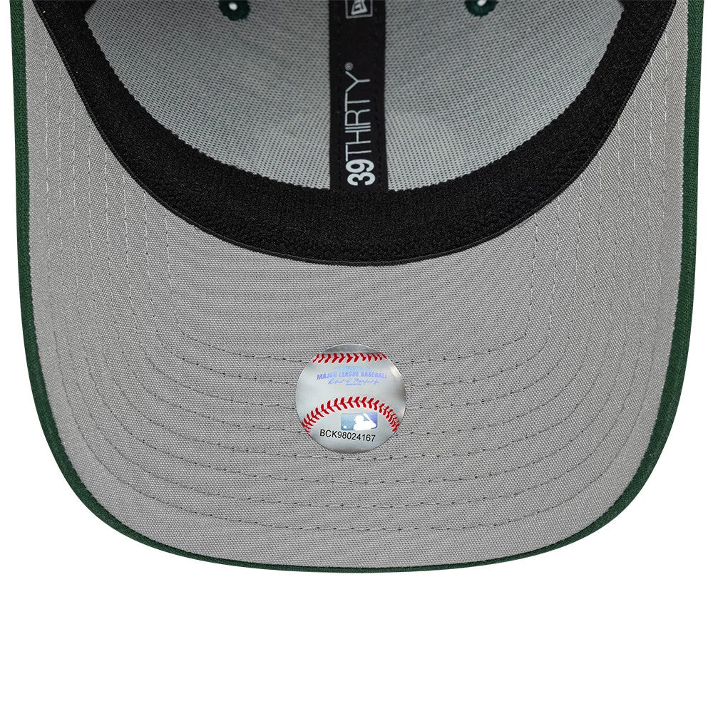 Athletics MLB Ripstop Dark Green New Era 39THIRTY Stretch Fit Cap, inside view showing grey undervisor with a contrasting black sweatband and the 39THIRTY taping, plus a baseball-themed sticker placed centrally.