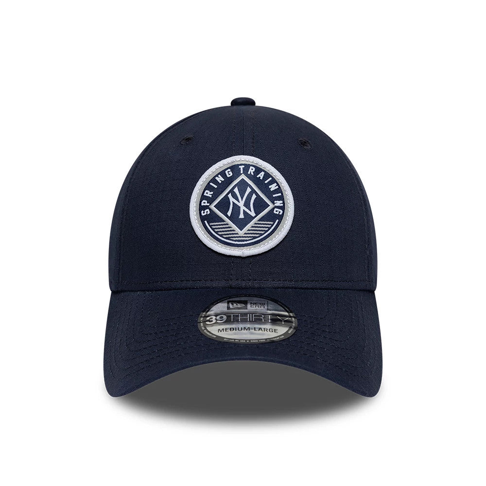 New York Yankees MLB Ripstop Navy New Era 39THIRTY Stretch Fit Cap, front view showing a raised embroidered Spring Training NY logo in white and navy on the front panel, with a curved visor and a 39THIRTY size sticker.