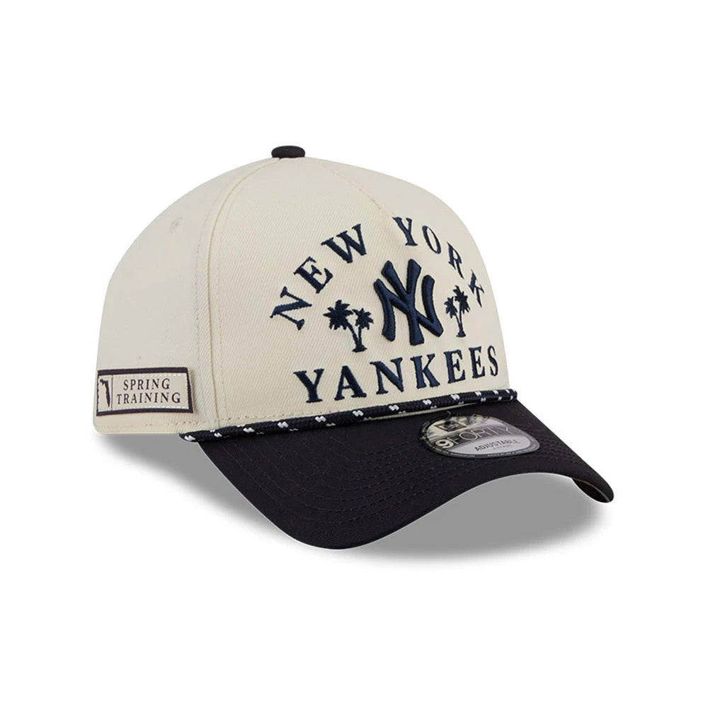 New York Yankees MLB Rope Cream New Era 9FORTY A-Frame Adjustable Cap, three-quarter view showing the navy raised embroidery palm tree graphics on the front panel with a dark visor and a 9FORTY size sticker on the visor.