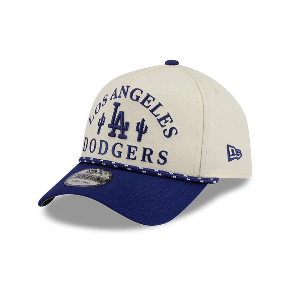 LA Dodgers MLB Rope Cream New Era 9FORTY A-Frame Adjustable Cap, three-quarter view showing blue raised embroidery of Los Angeles Dodgers and cacti on the front panel, a blue visor with a 9FORTY size sticker and a New Era flag logo on the left side.