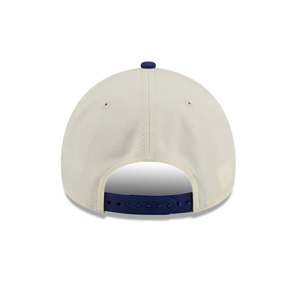 LA Dodgers MLB Rope Cream New Era 9FORTY A-Frame Adjustable Cap, rear view showing the plain cream panels with a blue snapback closure and matching blue top button for a clean, structured look.